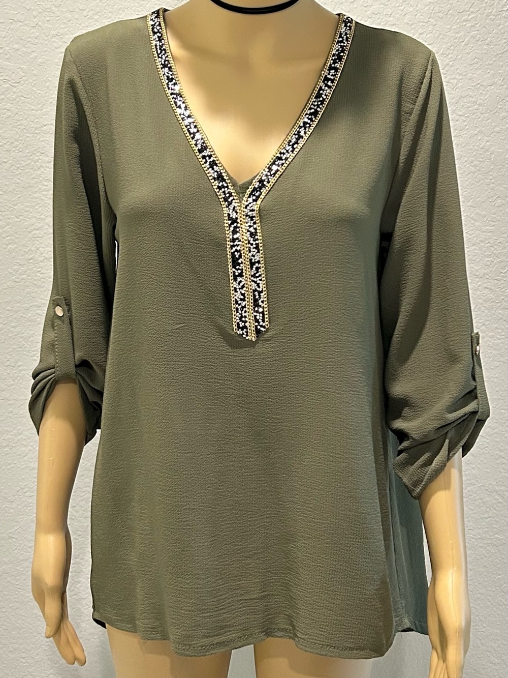 Anabelle Olive Green V-Neck Tunic with Beaded Trim